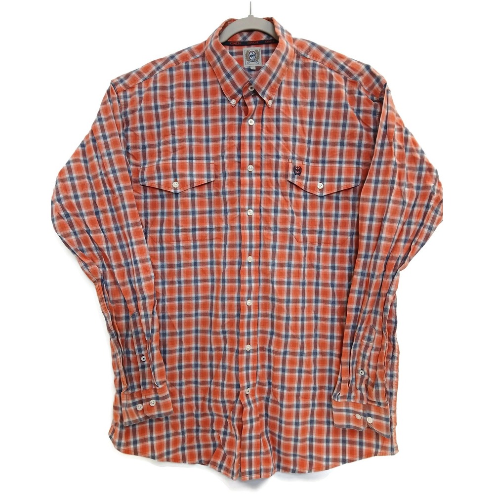 Cinch Shirt Mens Large Orange Blue‎ Plaid Western Button Down Long Sleeve Cowboy